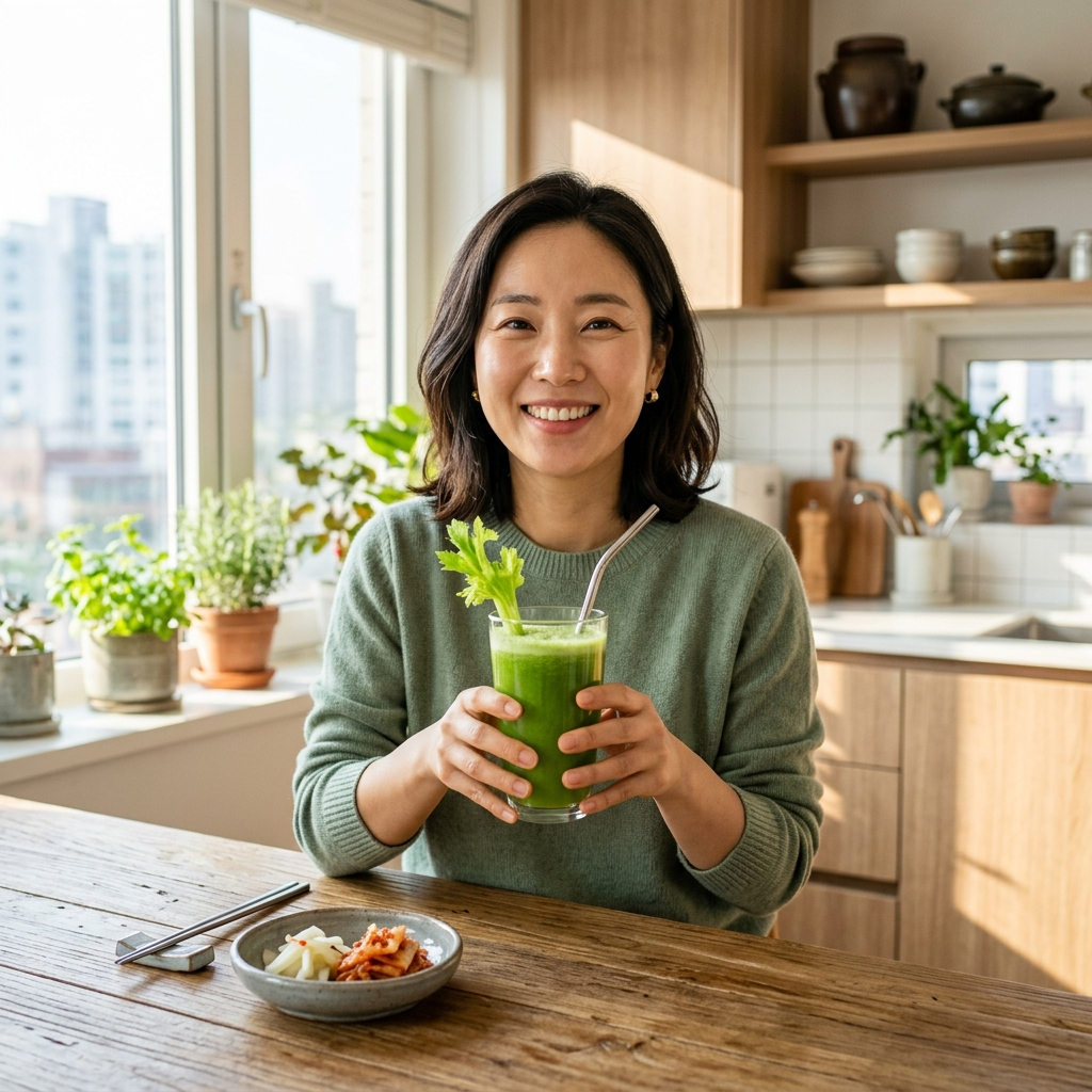 한국 아파트 주방에서 셀러리 주스를 들고 있는 여성의 건강한 아침 풍경