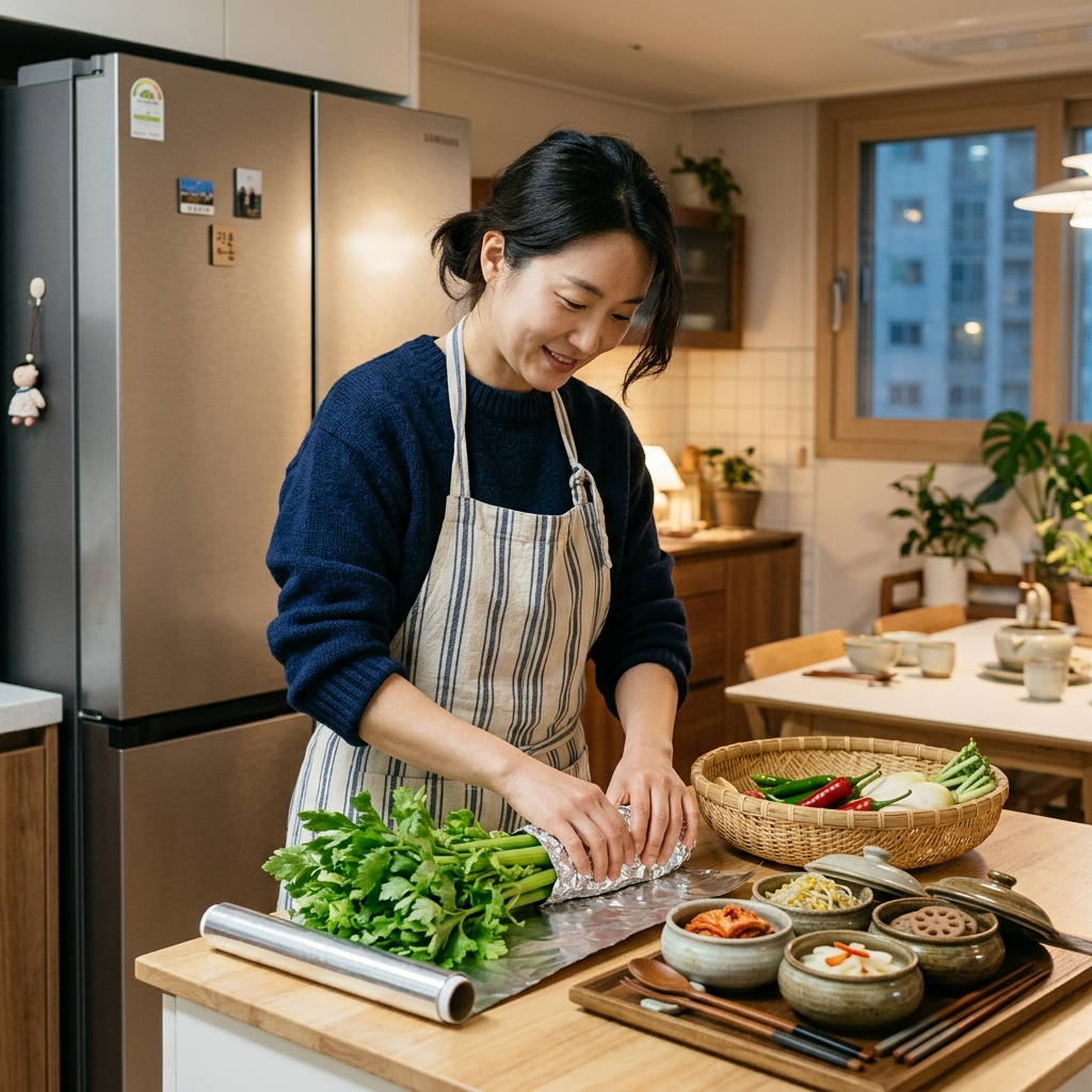 한국 아파트 주방에서 셀러리를 알루미늄 호일로 감싸고 있는 여성