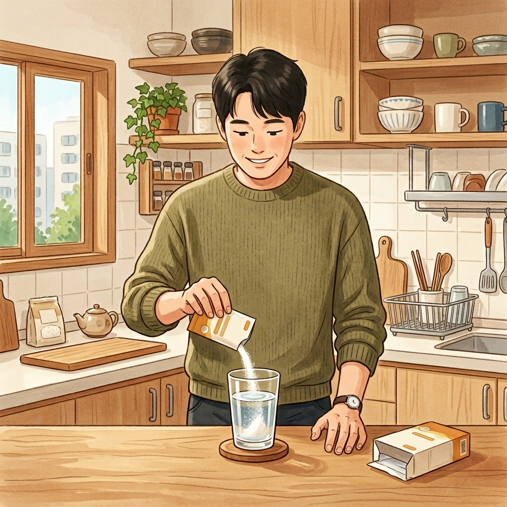 한국 아파트 주방에서 신바이오틱스 분말을 물에 타서 섭취하는 남성