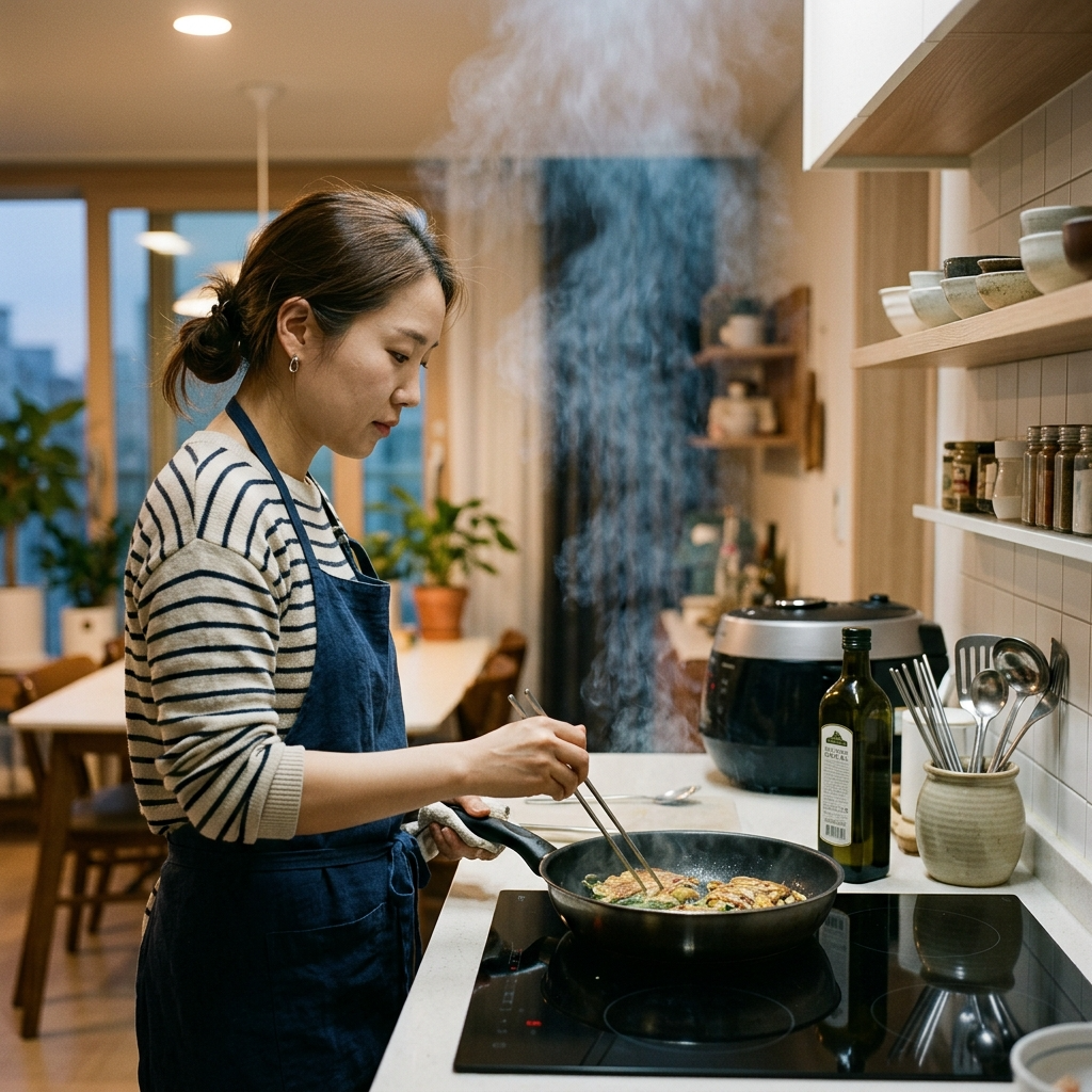 한국 아파트 주방에서 올리브유로 고온 조리할 때 연기가 나는 모습