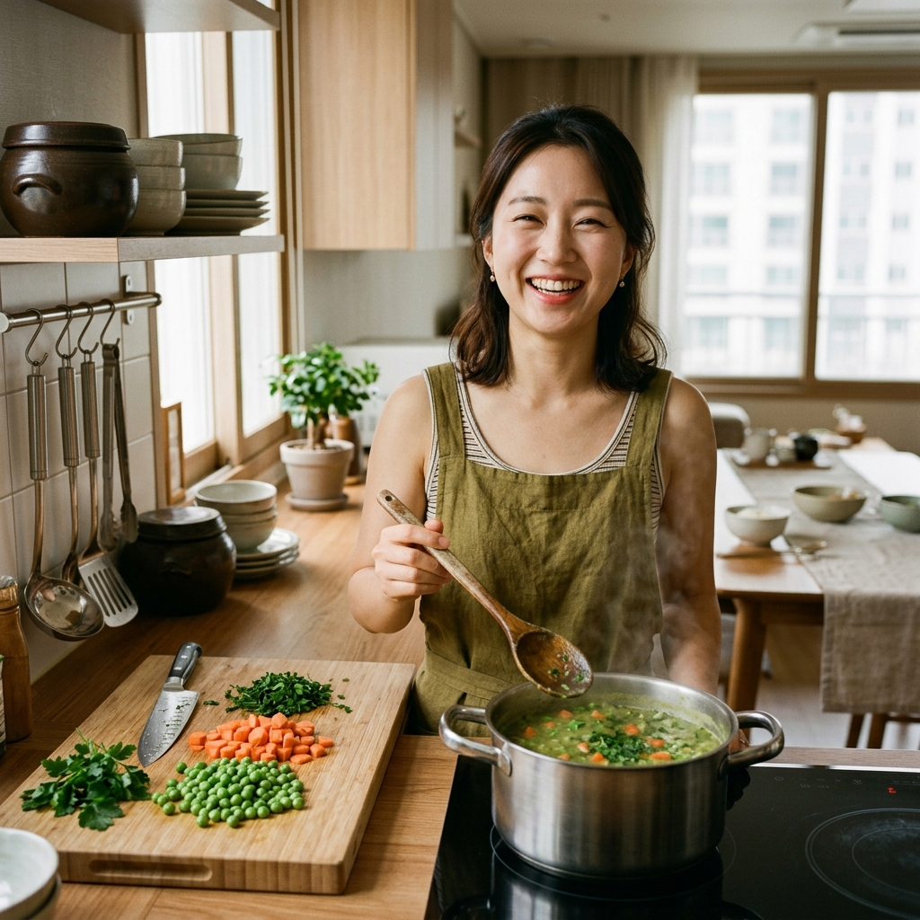 완두콩과 상극 음식, 모르고 같이 먹으면 영양소가 날아갑니다 4 한국 아파트 주방에서 완두콩 수프를 조리하는 모습