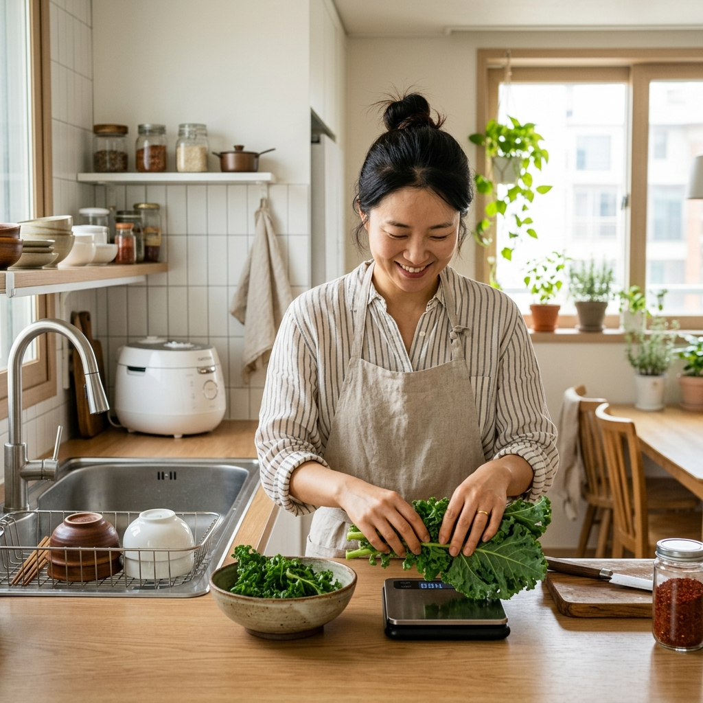 케일 하루 섭취량, 많이 먹는다고 좋은 게 아닌 진짜 이유 2 한국 아파트 주방에서 케일을 저울에 올려 하루 섭취량을 재고 있는 여성