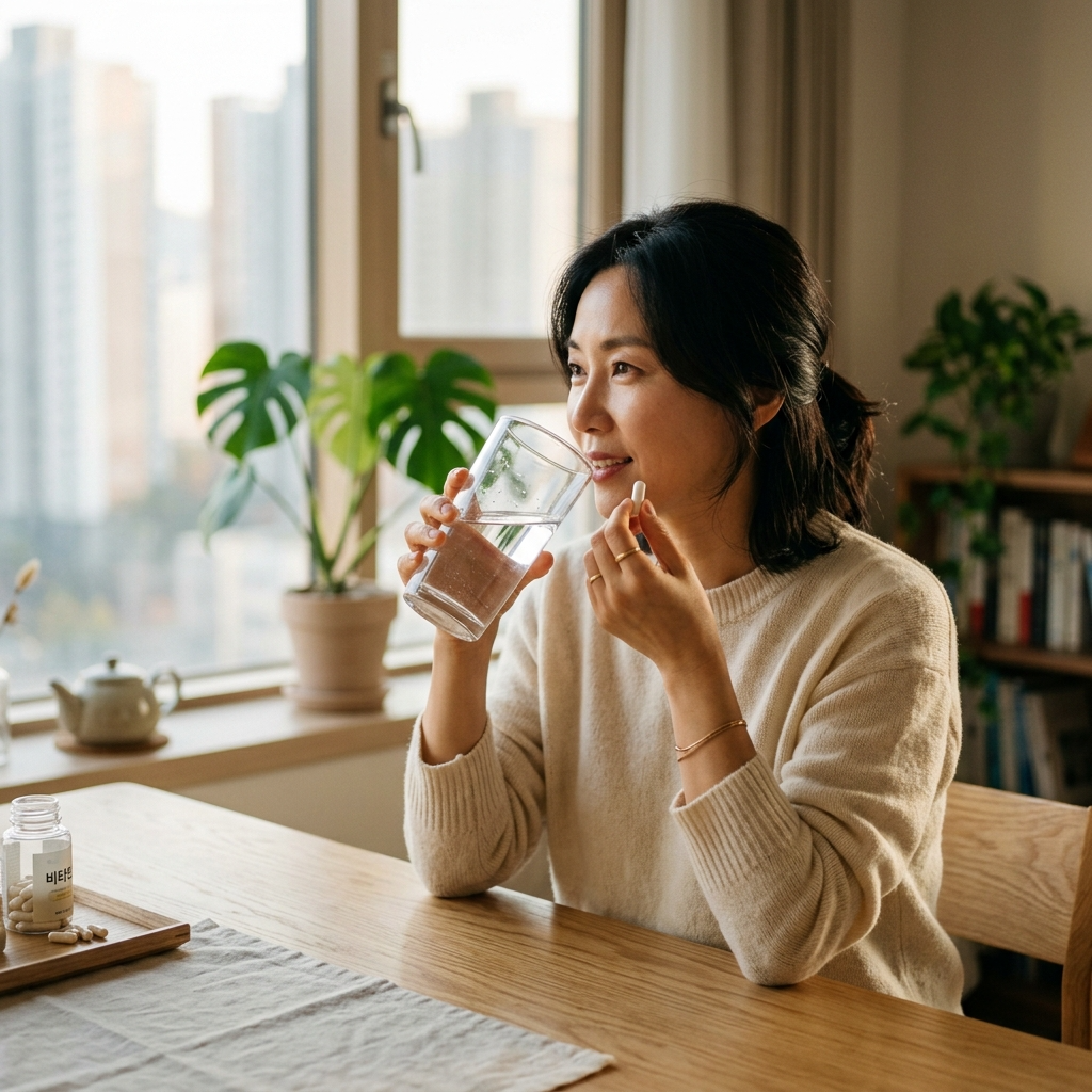 산화마그네슘 변비, 약사도 추천하는 이유와 주의할 점 3 한국 아파트에서 물과 함께 산화마그네슘 캡슐을 복용하는 여성