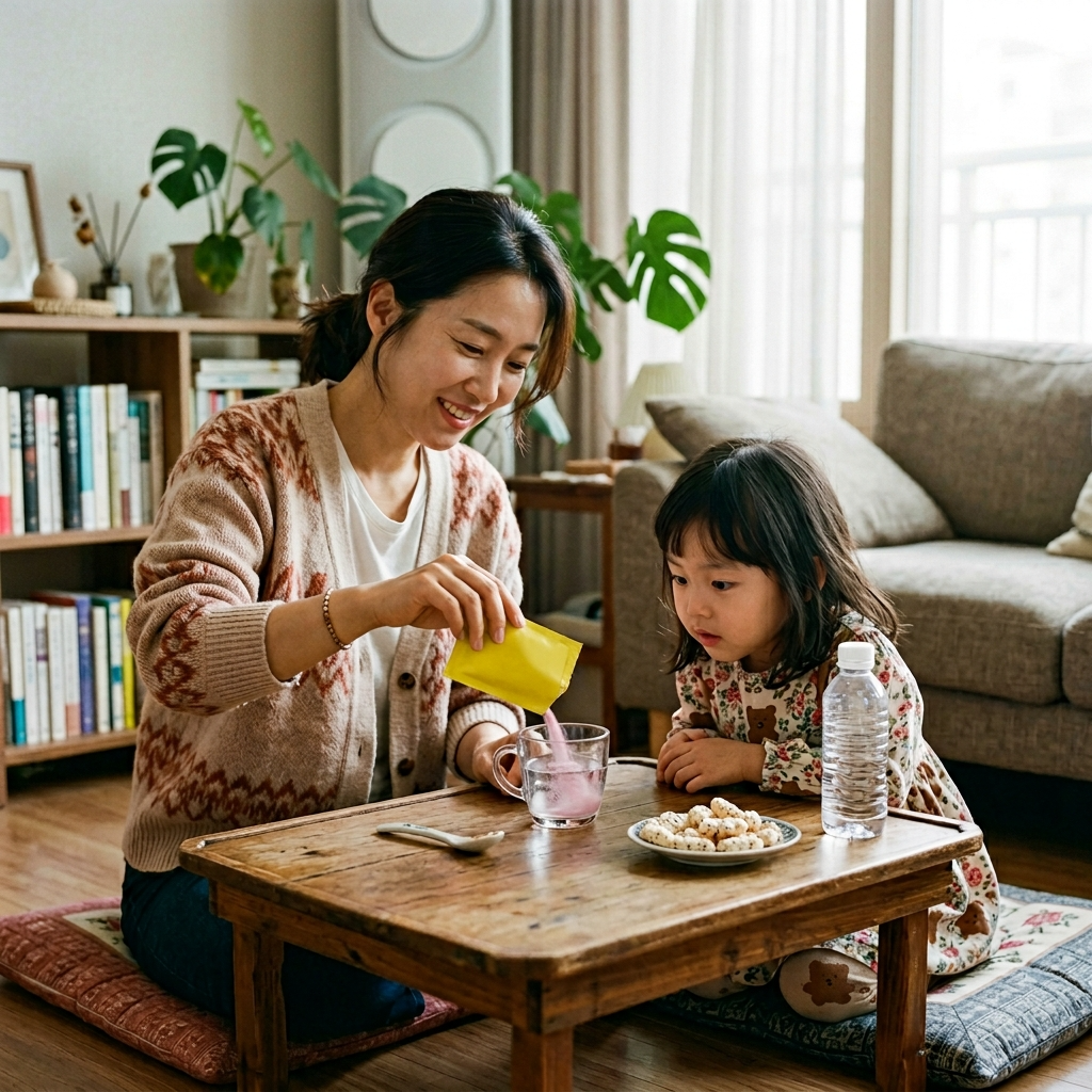 한국 아파트에서 아이에게 유산균 분말을 타주는 엄마