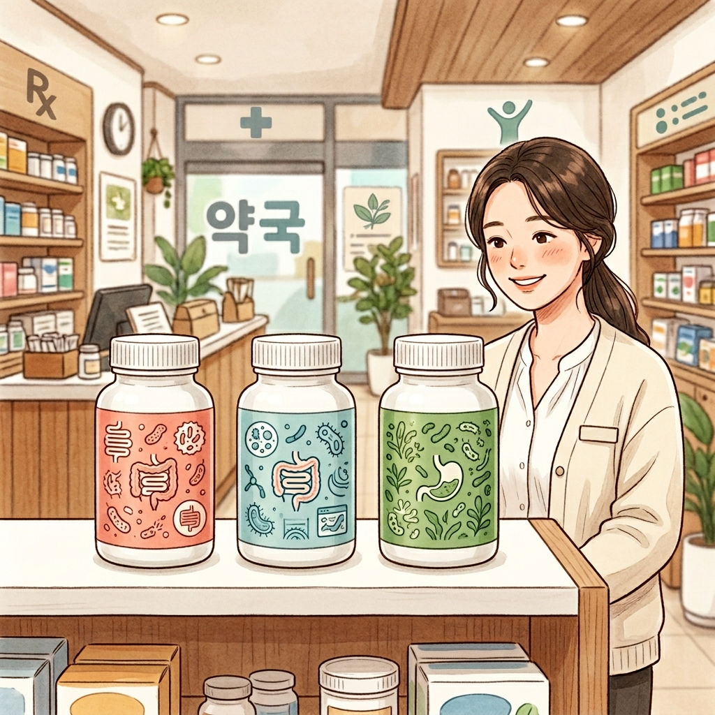 한국 약국 선반 위에 놓인 세 가지 유산균 영양제 비교 이미지