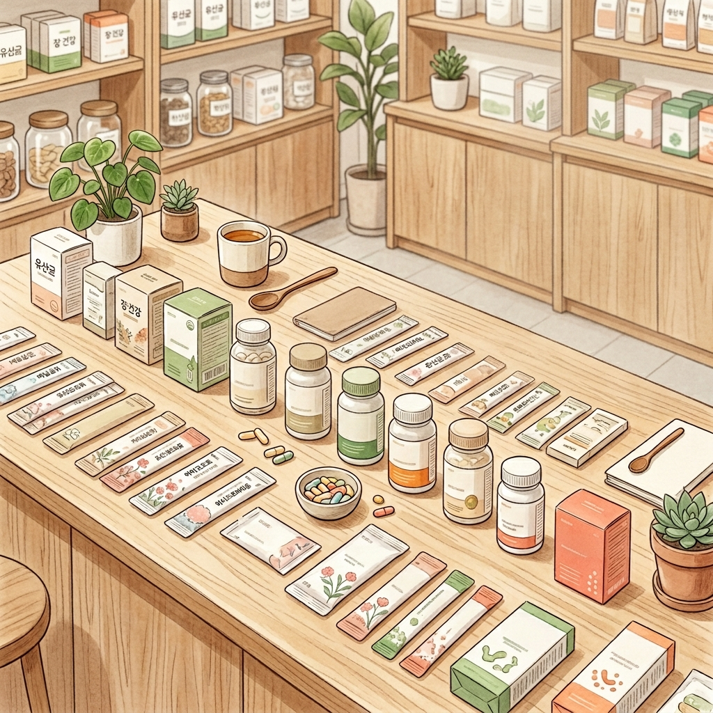 한국 약국에서 볼 수 있는 다양한 유산균 제품 캡슐과 분말 스틱