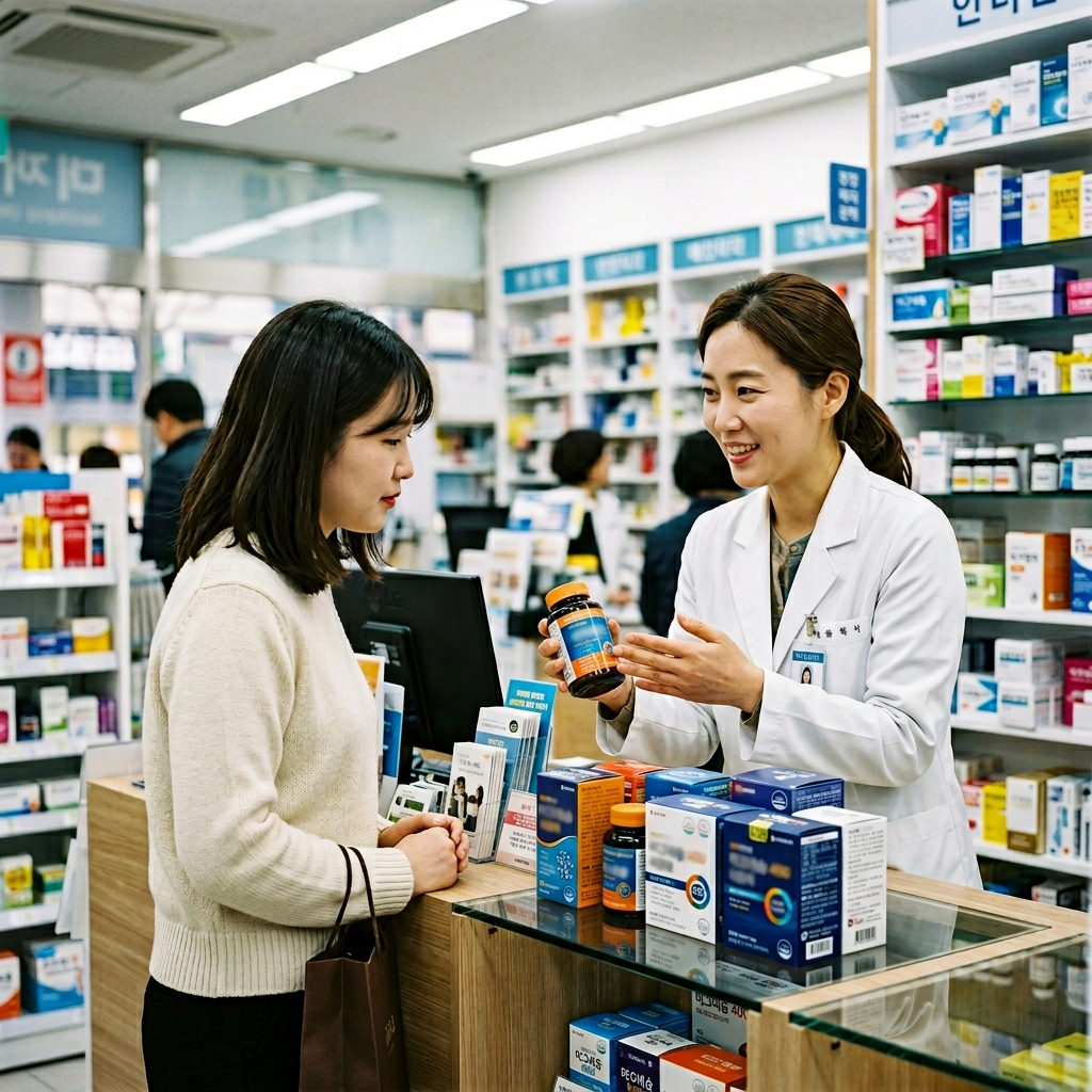 산화마그네슘 변비, 약사도 추천하는 이유와 주의할 점 2 한국 약국에서 산화마그네슘 변비약 제품을 설명하는 약사와 고객