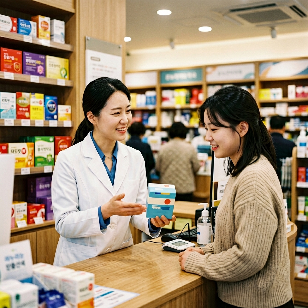 한국 약국에서 약사가 고객에게 유산균 복용 타이밍을 설명하는 모습