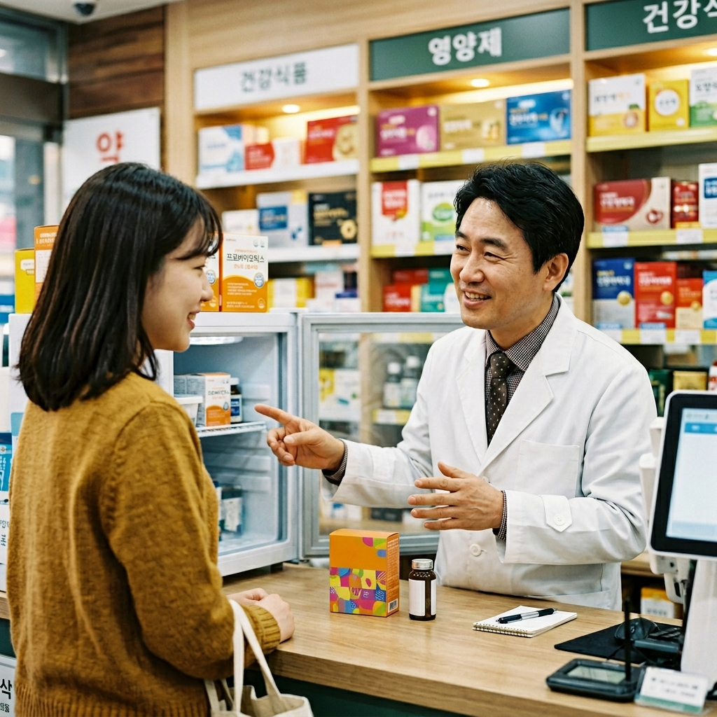 한국 약국에서 약사가 유산균 보관법을 상담해주는 모습