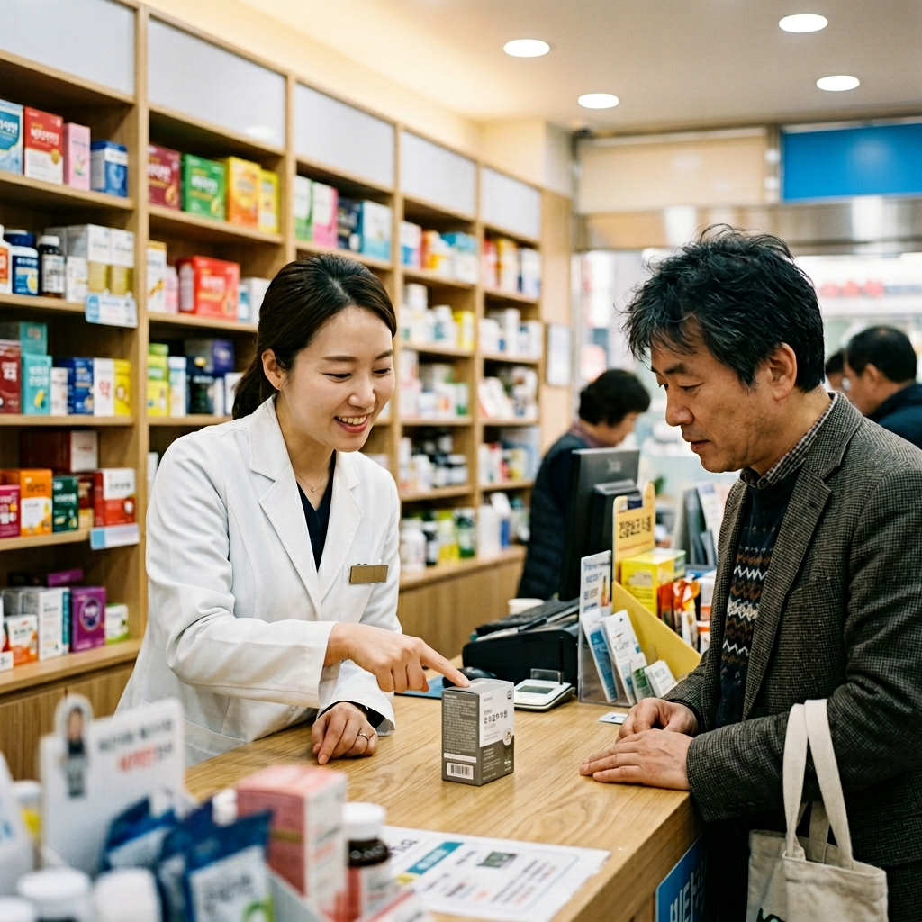 한국 약국에서 약사가 유산균 함량 선택에 대해 설명하는 모습