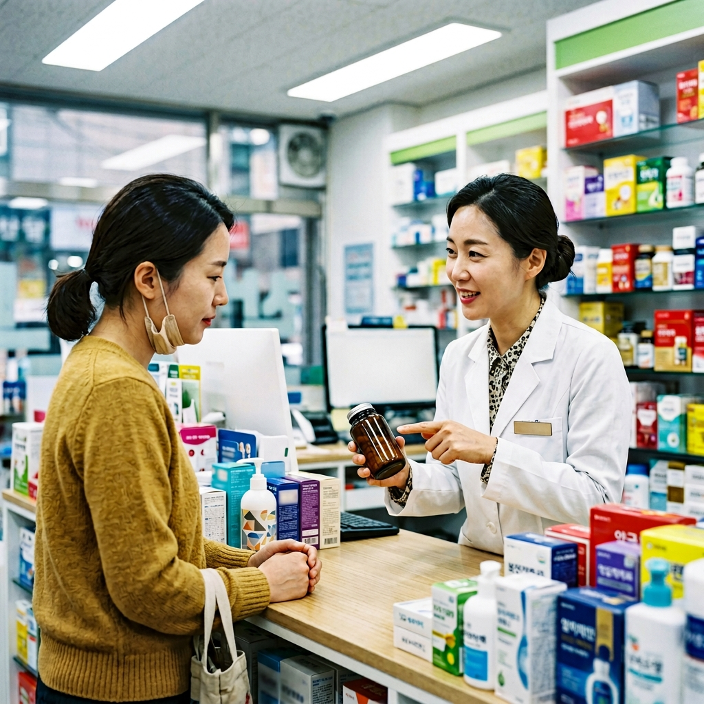 한국 약국에서 약사에게 유산균 관련 상담을 받는 여성