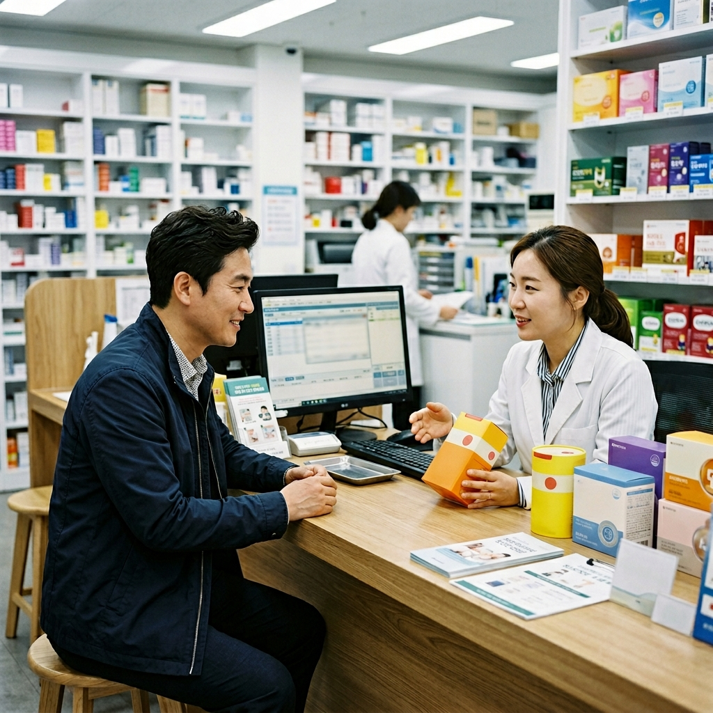 한국 약국에서 약사에게 유산균 면역력 관련 상담을 받는 남성