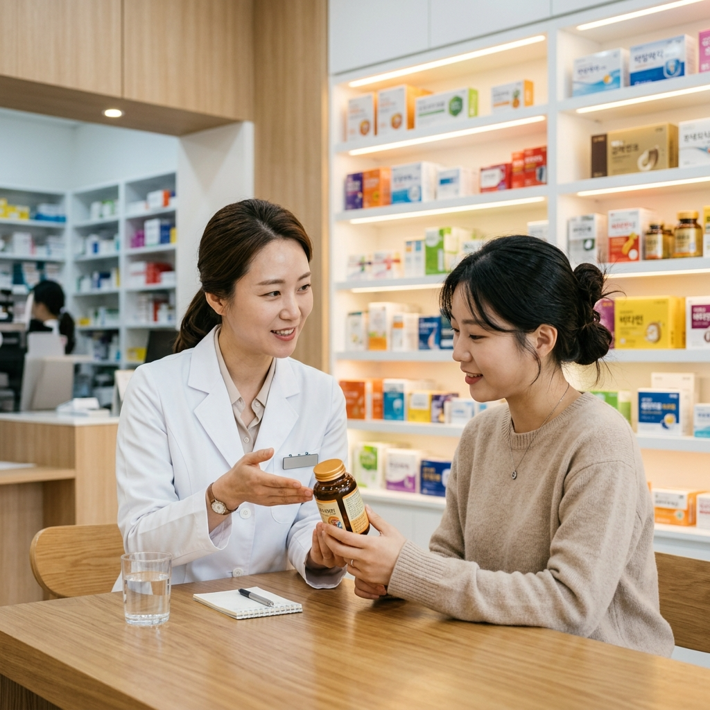 한국 약국에서 약사에게 유산균 설사 관련 상담을 받는 모습