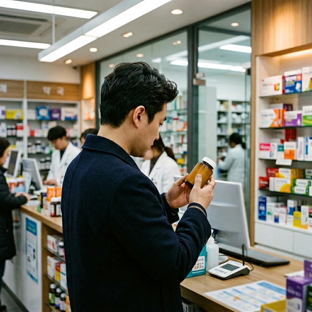 한국 약국에서 유산균 성분표를 꼼꼼히 읽고 있는 남성