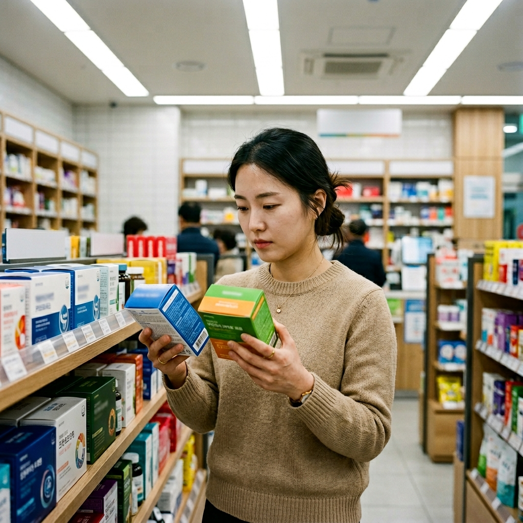 한국 약국에서 유산균 영양제 두 제품의 성분표를 비교하고 있는 여성