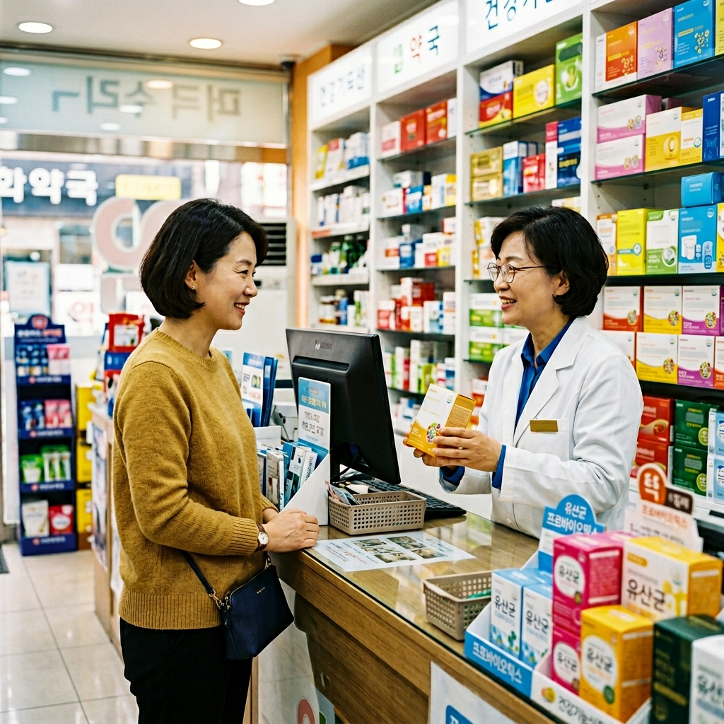 한국 약국에서 유산균 장기 복용에 대해 약사와 상담하는 모습