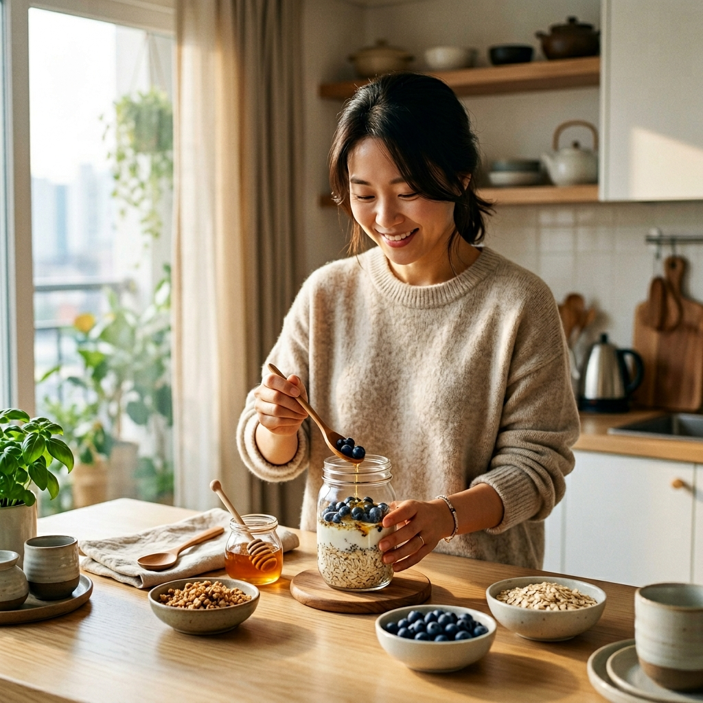 한국 여성이 모던한 주방에서 오버나잇 오트밀을 만드는 라이프스타일 사진