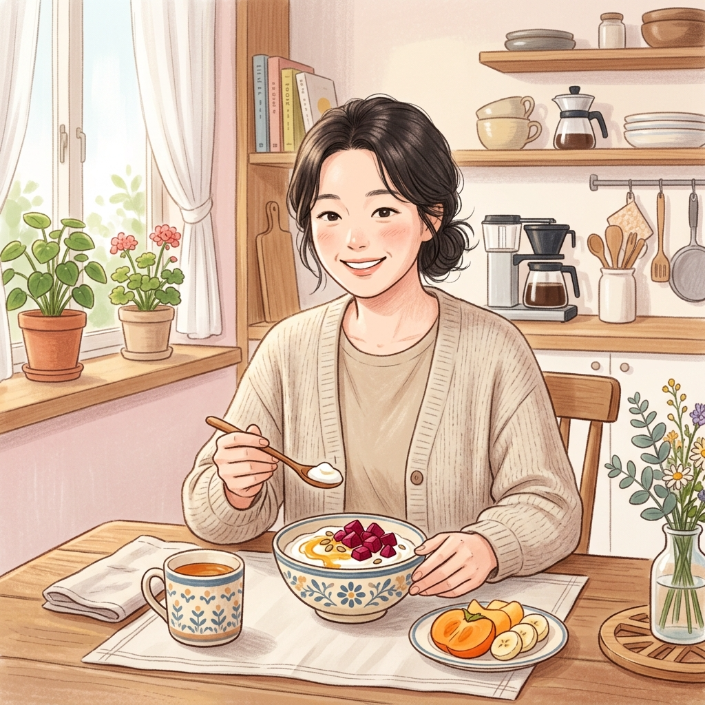 한국 여성이 비트 토핑 요거트를 아침 식사로 즐기는 모습