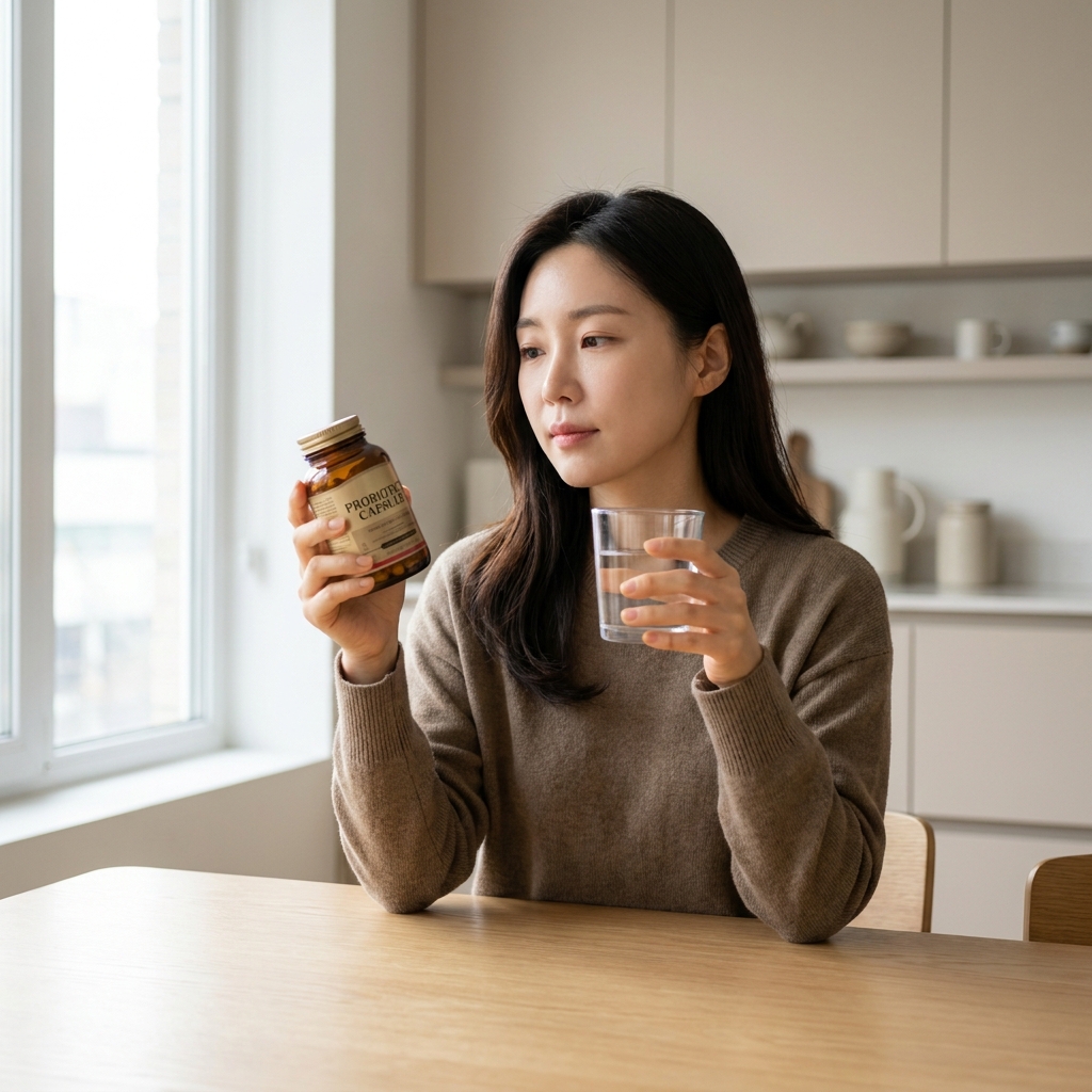 한국 여성이 아침 공복에 유산균 캡슐과 물을 손에 든 장면