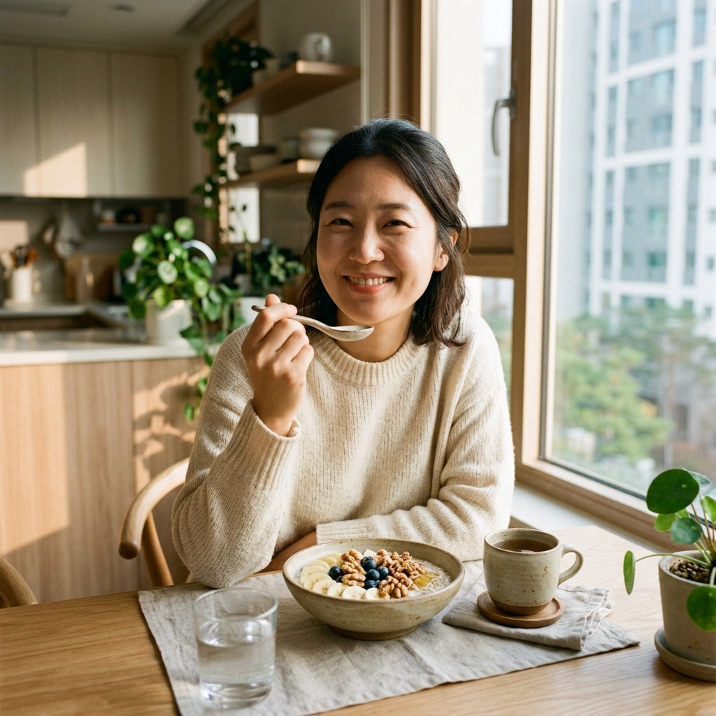 귀리 오트밀 하루 섭취량, 많이 먹으면 오히려 탈 나는 이유 3 한국 여성이 아침 식탁에서 과일 토핑 오트밀을 먹는 모습
