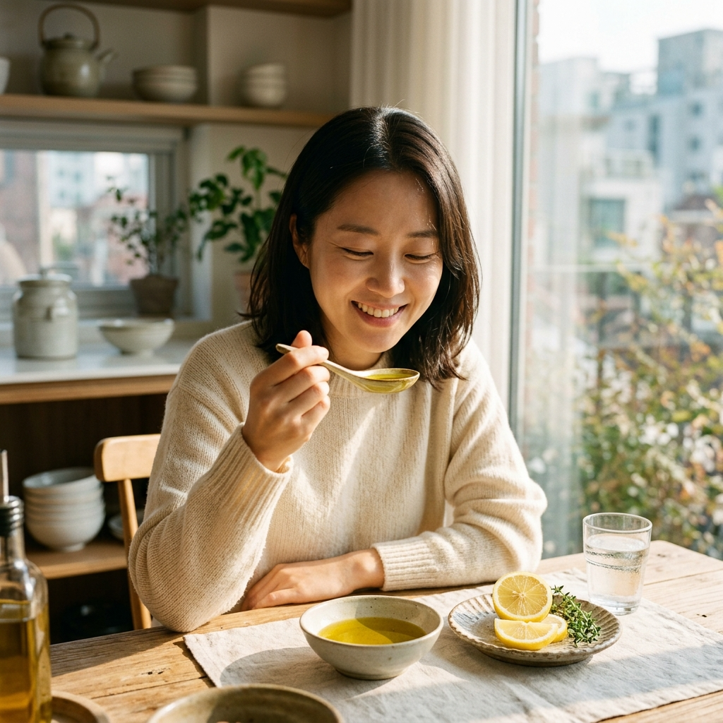 한국 여성이 아침 식탁에서 올리브유를 한 스푼 먹는 장면