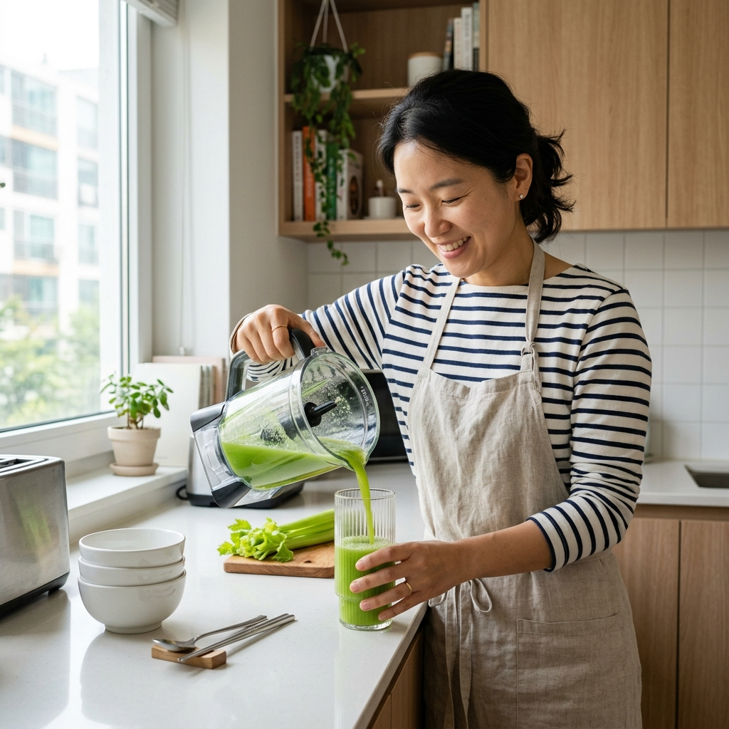 한국 여성이 아침 주방에서 셀러리 주스를 컵에 따르는 자연스러운 생활 사진