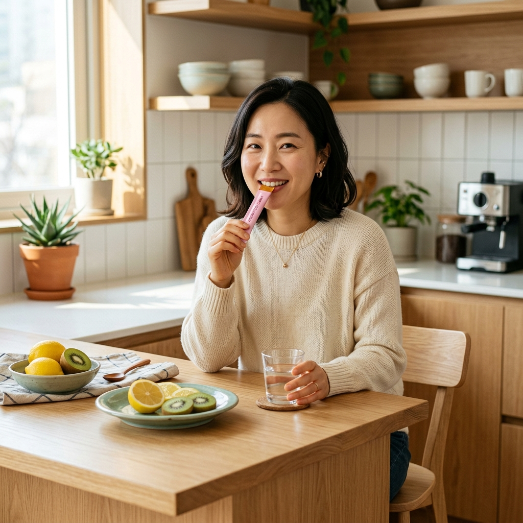 콜라겐 젤리 효과, 정말 피부에 도움이 되는 걸까 3 한국 여성이 아파트 주방에서 콜라겐 젤리와 레몬 키위를 함께 준비하는 모습