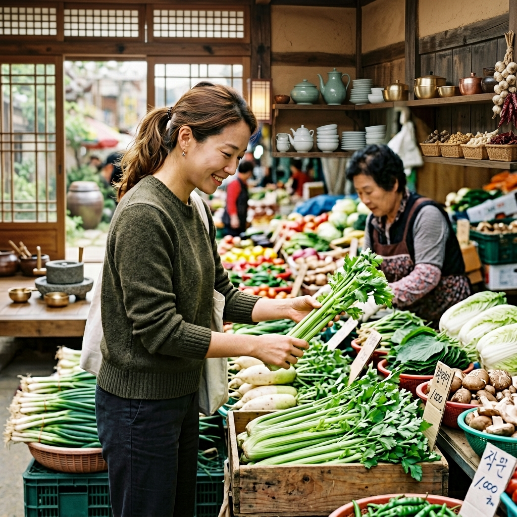 한국 재래시장 채소 가판대에서 셀러리를 고르는 여성