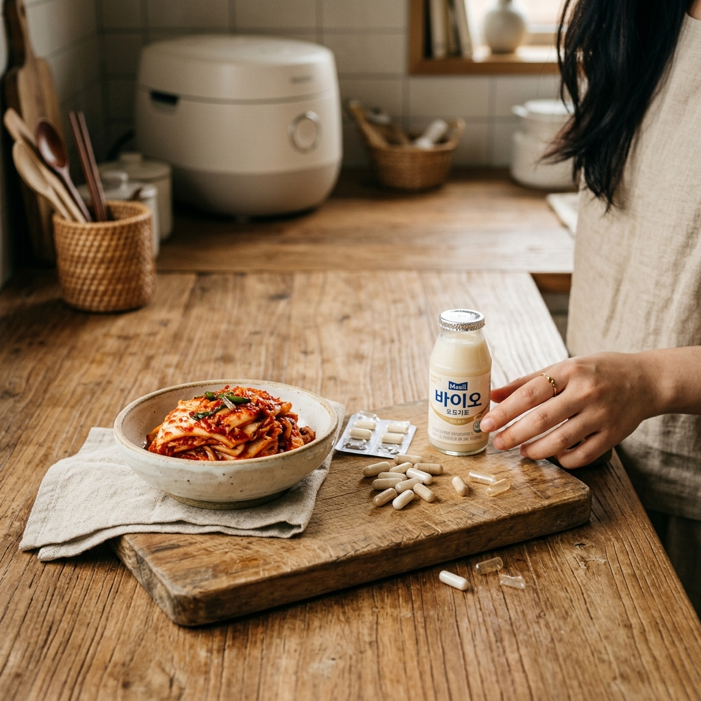 유산균 종류별 차이, 내 몸에 맞는 균주는 어떻게 고를까 3 한국 주방에서 김치와 요구르트, 프로바이오틱스 캡슐을 함께 보여주는 장면