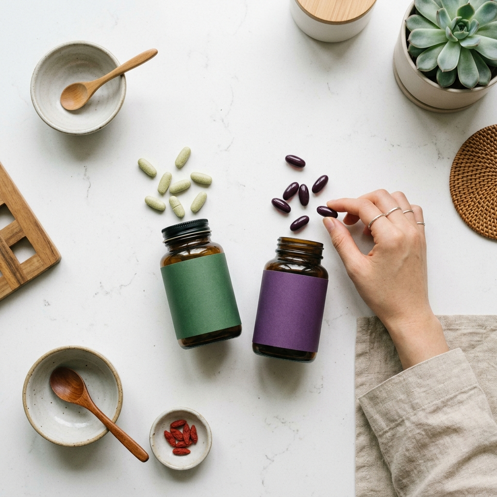 한국 주방에서 두 종류의 유산균 영양제를 비교하는 모습