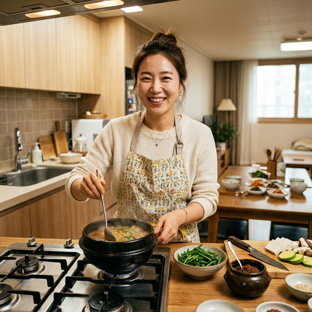 부추와 상극 음식, 모르고 같이 먹으면 속부터 망가진다 4 한국 주방에서 부추된장국을 조리하는 여성의 모습