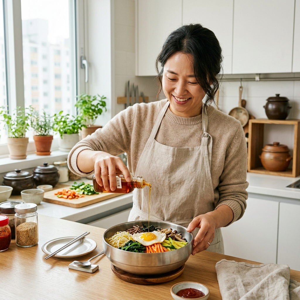 한국 주방에서 비빔밥 위에 들기름을 뿌리는 모습