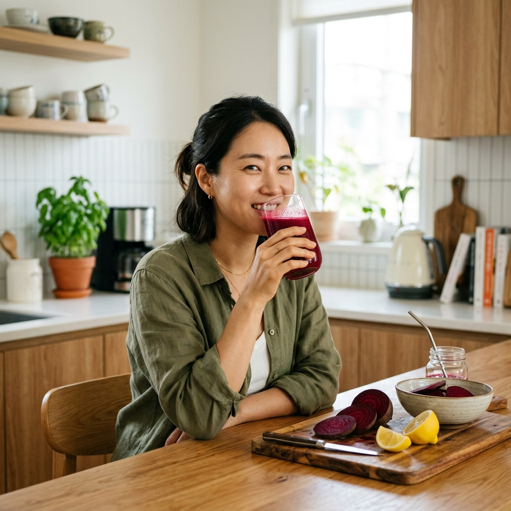 한국 주방에서 비트 주스를 마시는 여성과 레몬 슬라이스