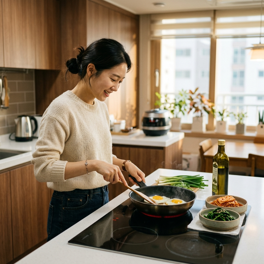 한국 주방에서 올리브유로 계란후라이를 만드는 모습