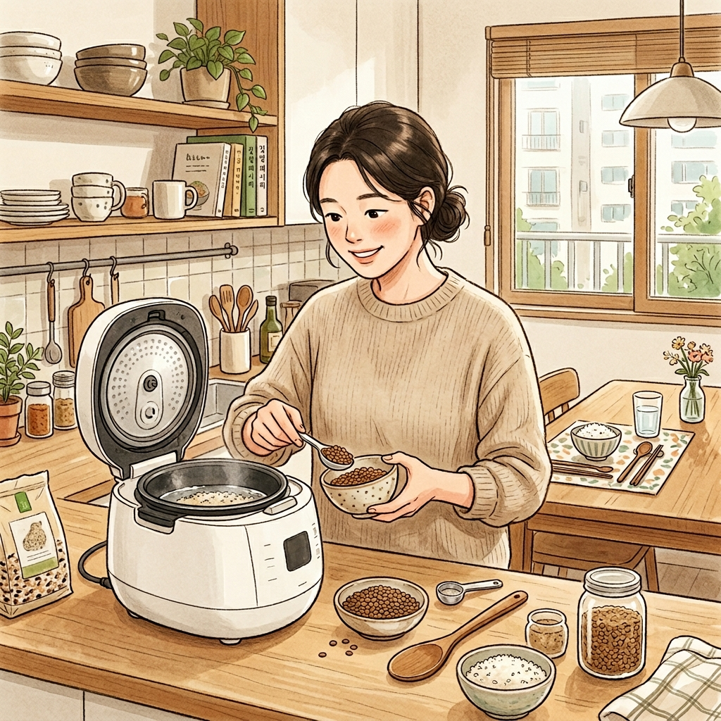 렌틸콩 먹는법, 삶는 것부터 활용까지 이렇게 하면 쉽다 4 한국 주방에서 전기밥솥으로 렌틸콩밥을 준비하는 모습