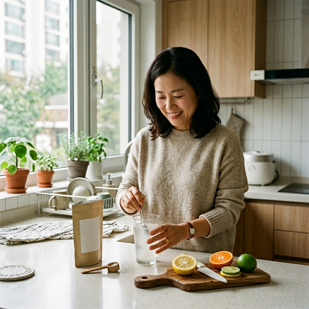콜라겐 피부 효과 실제로 있나, 논문과 후기로 냉정하게 따져봤다 4 한국 주방에서 콜라겐 분말을 물에 타서 섭취하는 모습