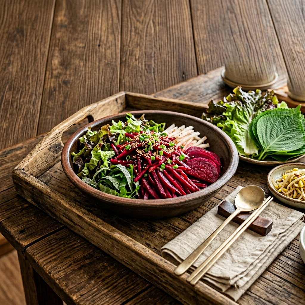 한국식 도자기 그릇에 담긴 비트 샐러드와 참깨 깻잎 토핑