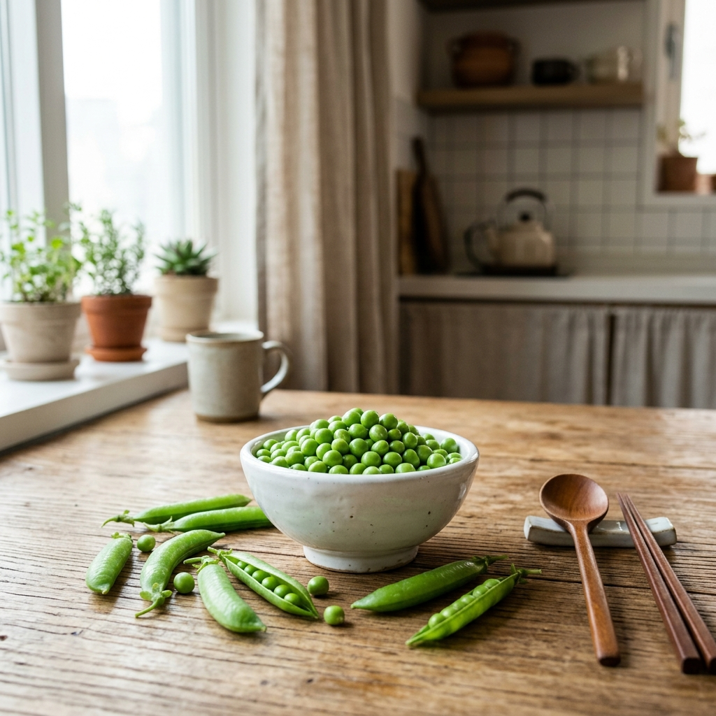 완두콩 효능, 작지만 이 정도일 줄은 정말 몰랐다 1 한국식 식탁 위 도자기 그릇에 담긴 싱싱한 완두콩 효능과 꼬투리