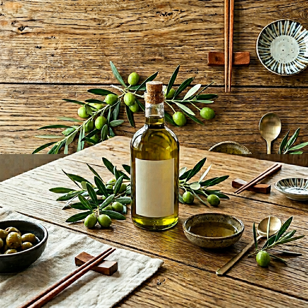한국식 식탁 위 엑스트라버진 올리브유 병과 올리브 열매