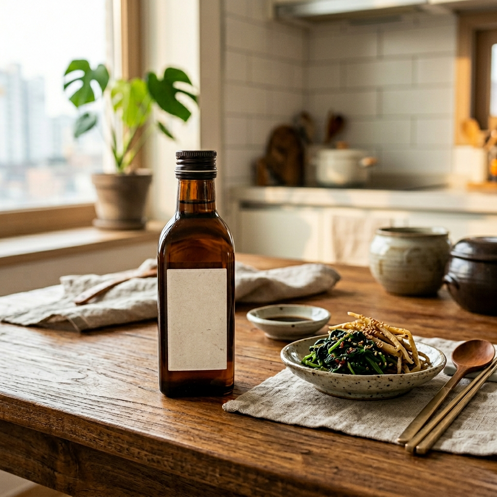 한국식 식탁 위 차광병에 담긴 들기름과 나물 반찬