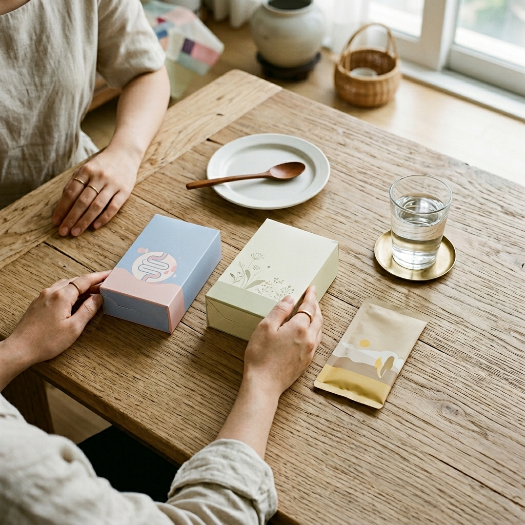 한국식 식탁 위에 놓인 피부 유산균 제품 세 종류 비교 모습