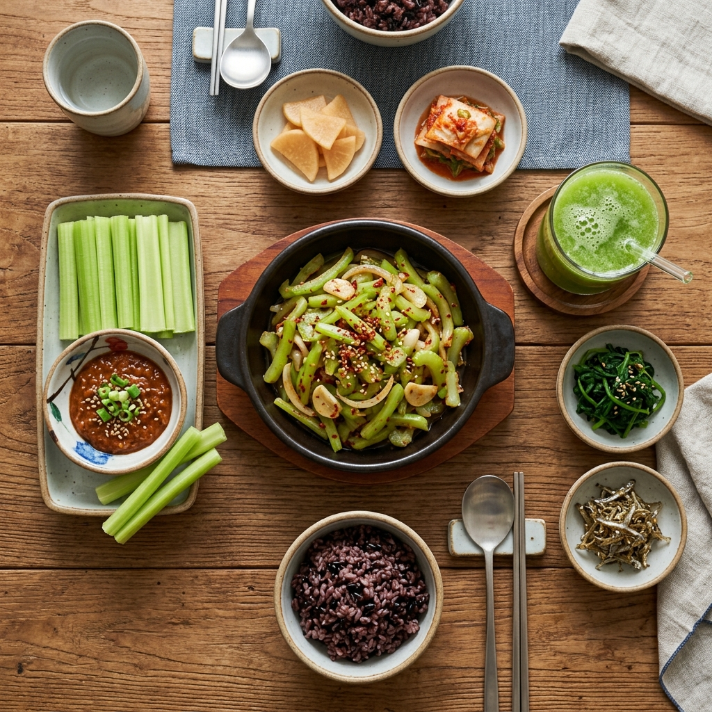 한국식 식탁 위에 셀러리 스틱과 쌈장, 셀러리 볶음, 셀러리 주스가 함께 놓인 다양한 활용법