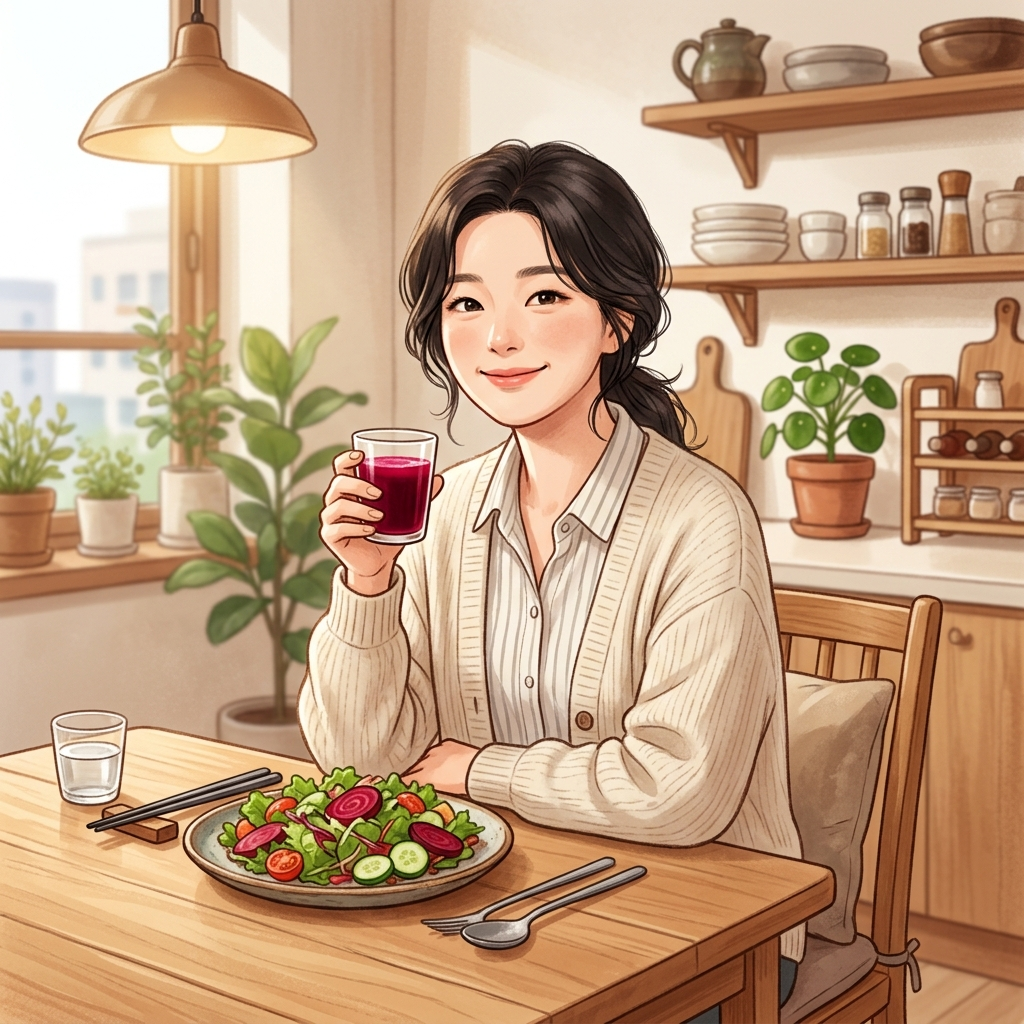 한국식 식탁에서 비트즙을 들고 있는 여성의 건강한 식사 풍경