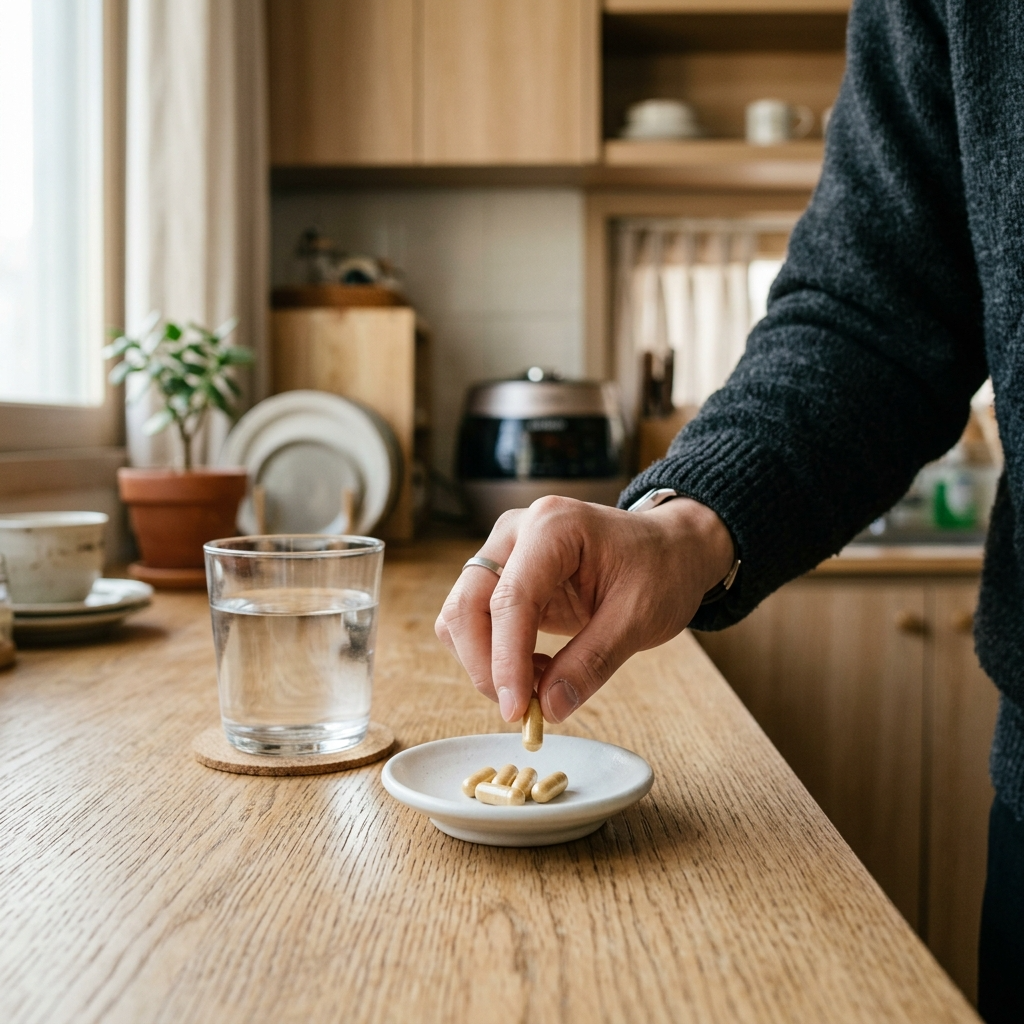 한국식 주방에서 유산균 캡슐을 꺼내는 남성의 손 클로즈업