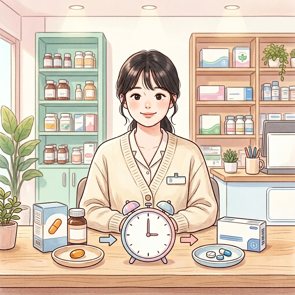 항생제와 유산균 복용 시간 간격을 나타내는 시계와 약 일러스트