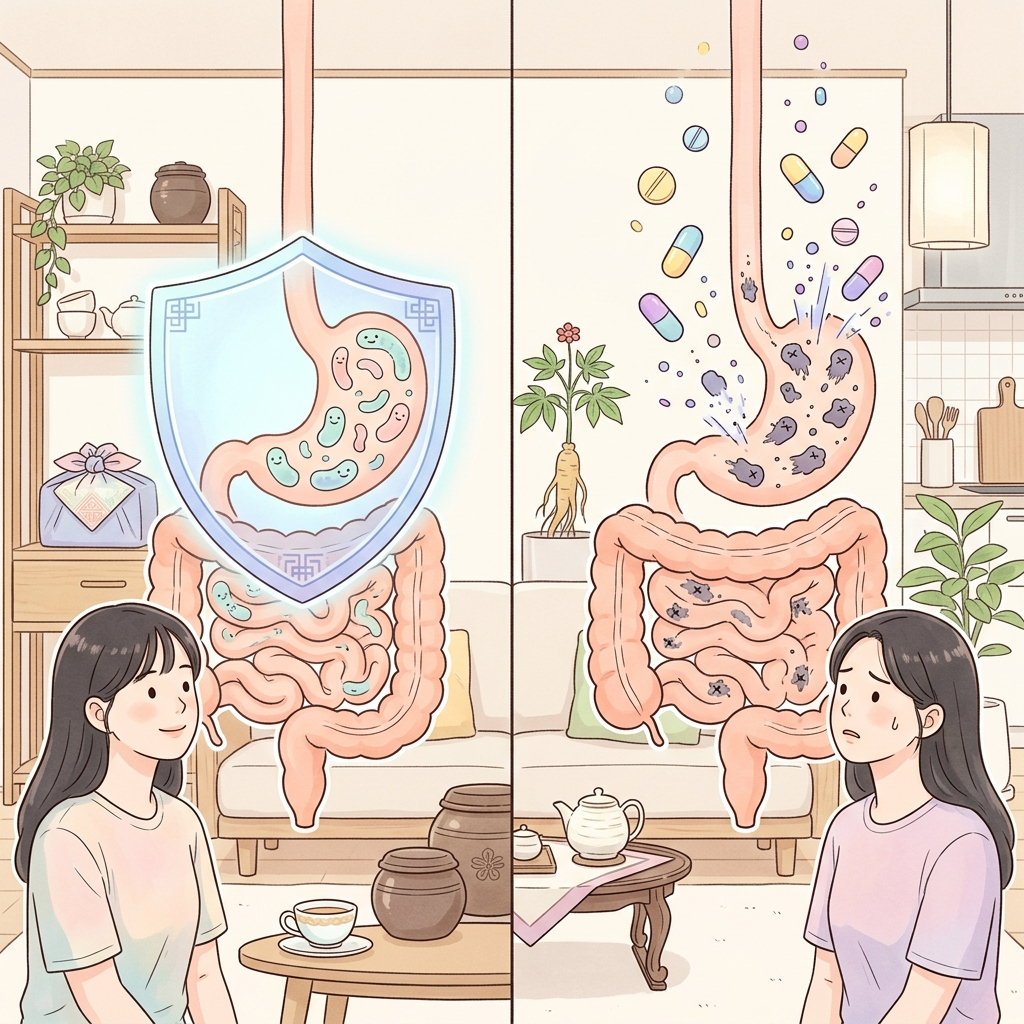 항생제와 유산균의 장내 작용 방식 차이를 보여주는 일러스트