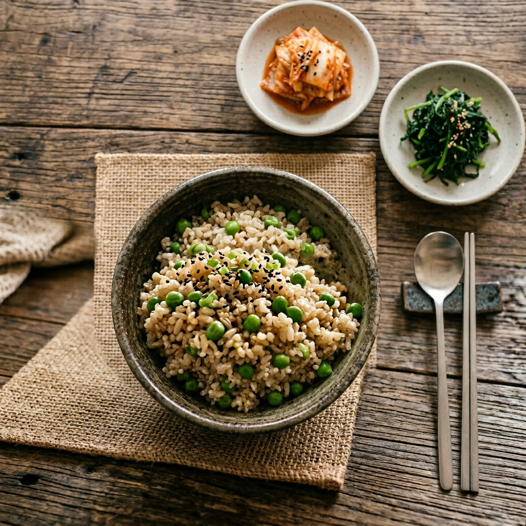 완두콩과 궁합 좋은 음식, 이렇게 먹으면 영양이 두 배가 됩니다 2 현미밥 위에 초록 완두콩이 올라간 한국식 밥그릇