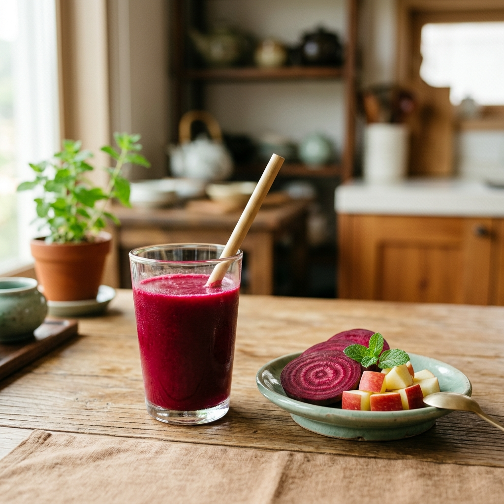 혈압 관리를 위한 비트즙을 유리잔에 담아 한국식 식탁에 놓은 모습