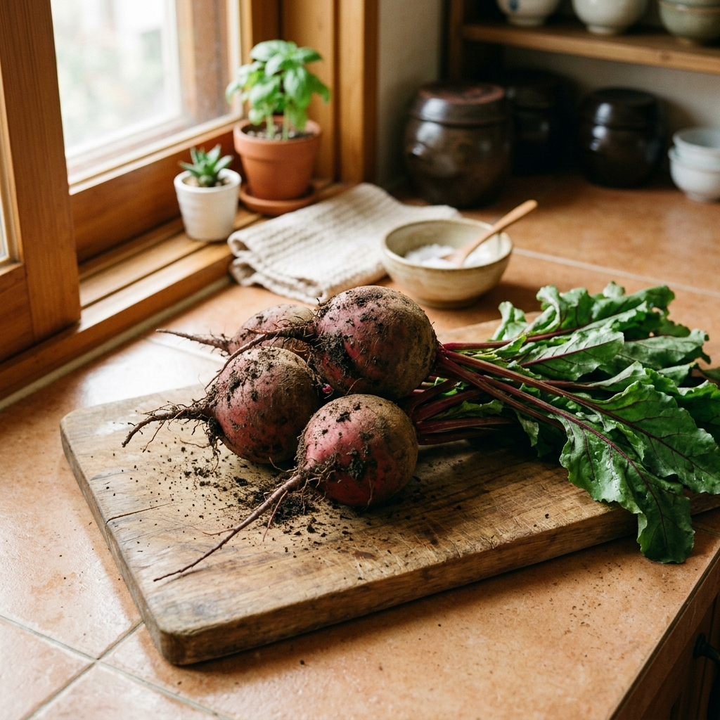 흙이 묻은 생비트와 잘라낸 잎이 도마 위에 놓인 모습