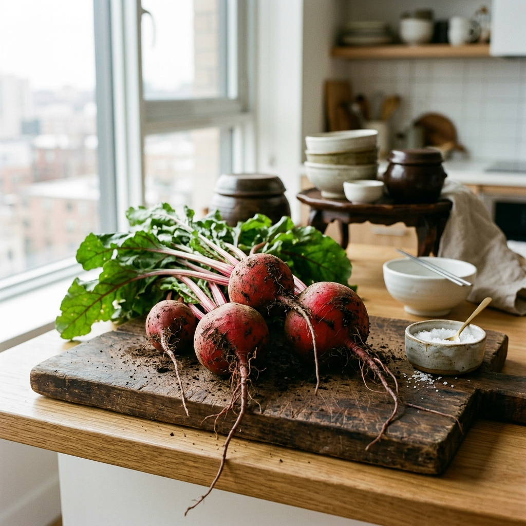 흙이 묻은 신선한 통비트 여러 개가 도마 위에 놓인 모습
